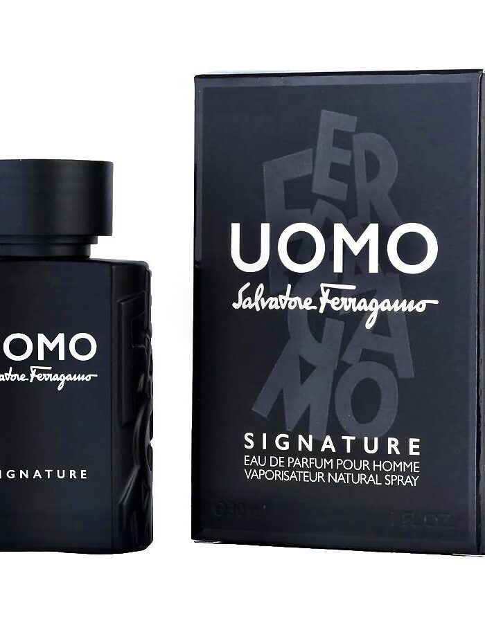 Description Launch year: 2018. Top notes: Mandarin, Pink Pepper. Heart notes: Cypress, Cardamom, Cinnamon. Base notes: Tonka bean, Coffee, Patchouli, Leather. Design house: Salvatore Ferragamo. Scent name: Uomo Signature. Gender: Mens. Category: Perfume. SubType: EDP. Size: 1.0 oz. Barcode: 8052086374829. Salvatore Ferragamo Men's Uomo Signature