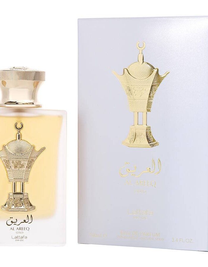 Al Areeq Gold" is a new fragrance introduced by Lattafa Perfumes in 2022. It is designed for both women and men. The fragrance has top notes of Black Tea and Saffron. Its middle notes include Suede, Leather, and Incense. The base notes consist of Vanilla, Musk, and Amberwood. The perfume is described as having a sweet, leathery scent with elements of saffron and vanilla.