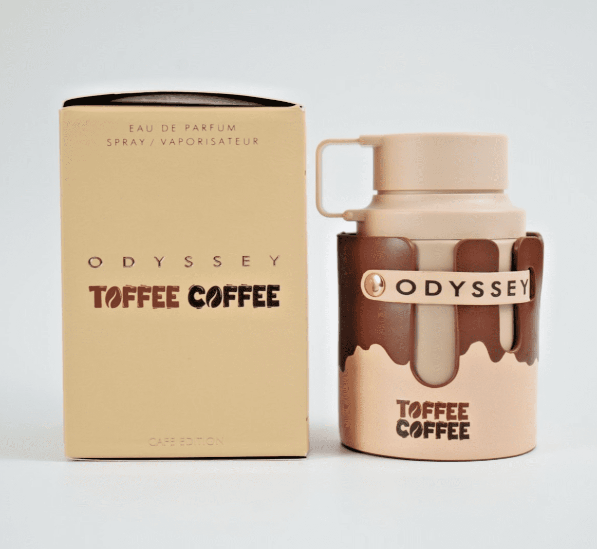 Odyssey Toffee Coffee by Armaf is a new unisex fragrance released in 2025, and it’s all about sweet, cozy, dessert-like goodness. It smells like a rich, creamy coffee drink with caramel and vanilla. Here’s what you’ll notice when you smell it: Top notes: Sweet dulce de leche (caramel milk), bold coffee, golden honey, soft saffron, and a touch of bright bergamot. Middle notes: Creamy toffee, smooth lactones (milky scent), earthy oakmoss, gentle white flowers, and romantic Bulgarian rose. Base notes: Warm sugar cane, soft vanilla, glowing amber, clean white musk, and smooth woody notes. It smells like a sweet coffee shop treat — warm, delicious, and cozy — perfect for anyone who loves rich, gourmand scents that stand o